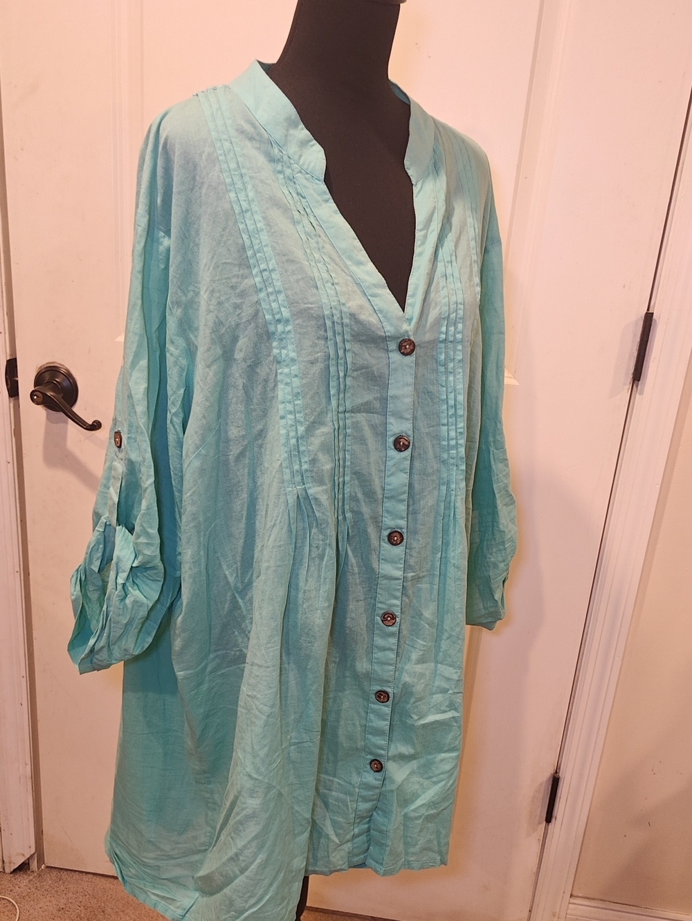 Relaxed Light Aqua Button-Front Tunic with Pintuck Detail